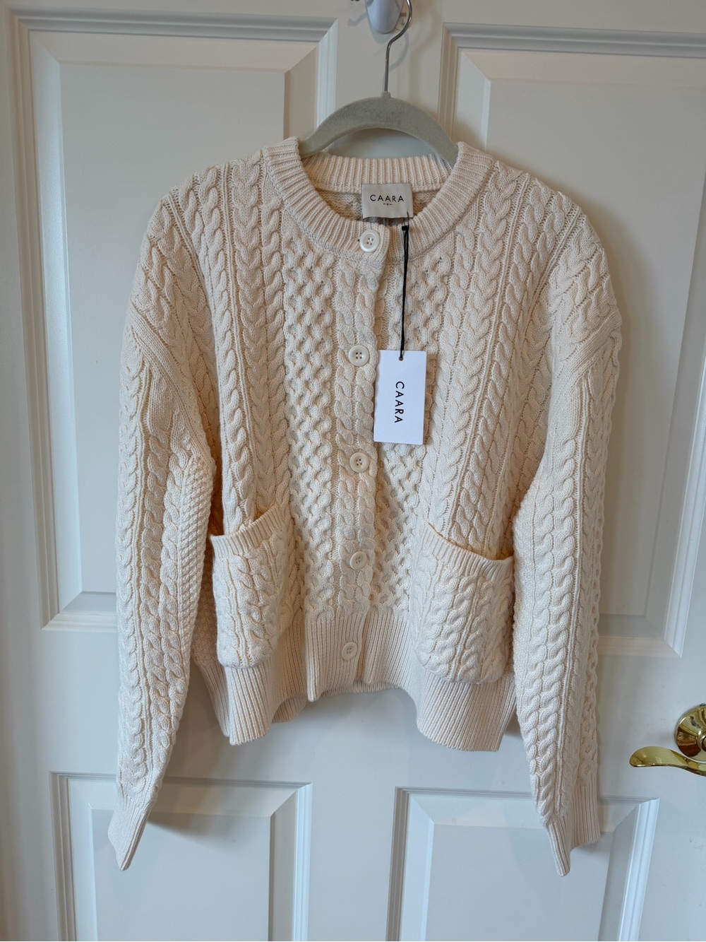 Few Moda Caara “Julianna” Cream Cable-Knit Button Cotton Cardigan Sweater - Picture 5 of 9